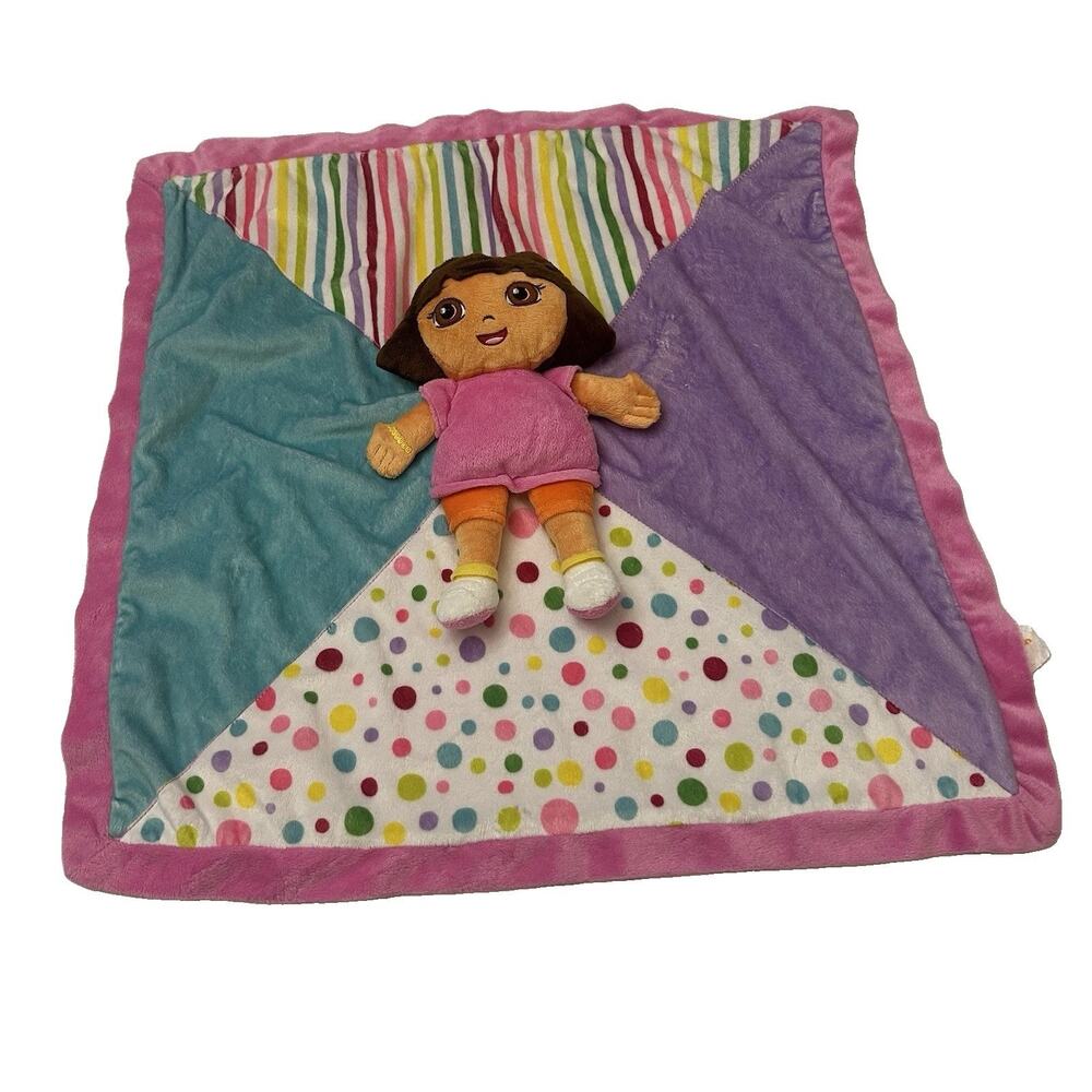 Dora the Explorer Plush 3D Doll Lovey Security Blanket Pink Purple Stripes Dots